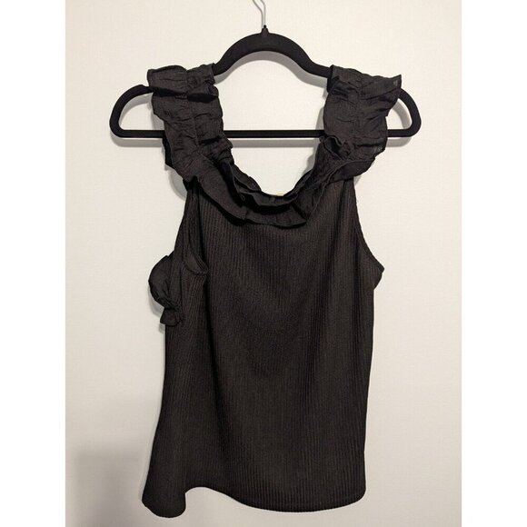 NWT Ribbed ruffle sleeveless black large tank top dressy blouse - Picture 3 of 6